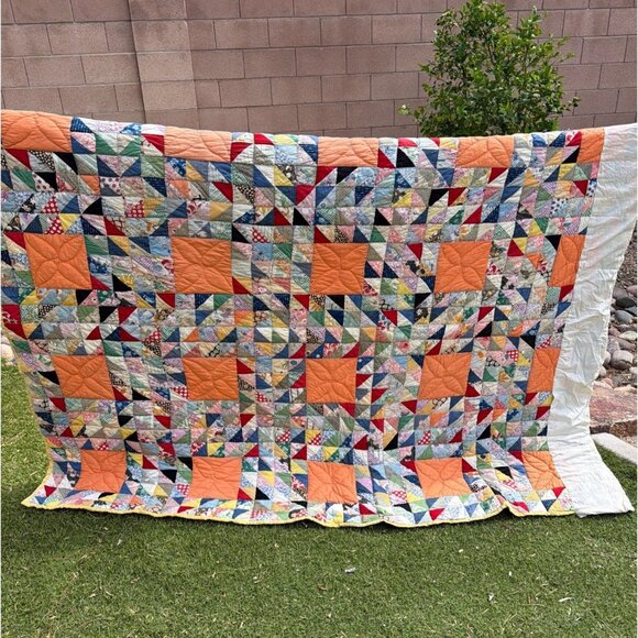 Other - Vintage Handmade Patchwork Quilt 80x62 Multicolor Scrap Quilt Yellow Back